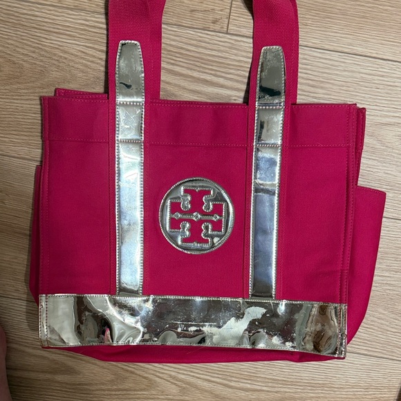 Rare Pink Canvas Tory Burch Tote Bag with Gold Accents - Picture 2 of 16